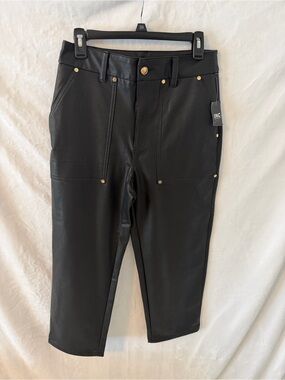 INC International Concepts Black Wide-Leg Faux Leather Trousers with Gold Rivets